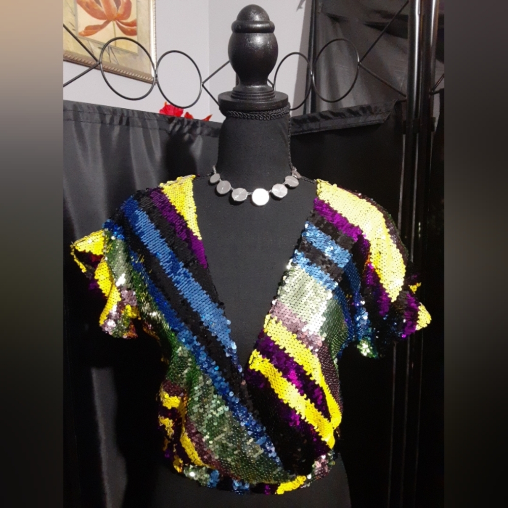 Anthropologie Rdalamal Green and Blue Sequin Metalic Sleeve Blouse Sycadelic S/P - Picture 3 of 9
